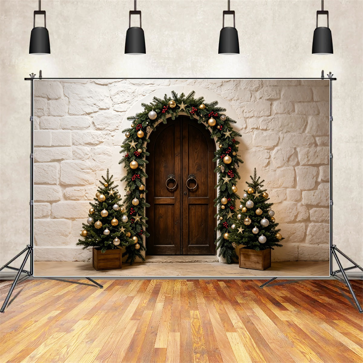 Simple Christmas Backdrop Stone Arch Garland Entrance Christmas Photo BackdropUK ZTT69-14
