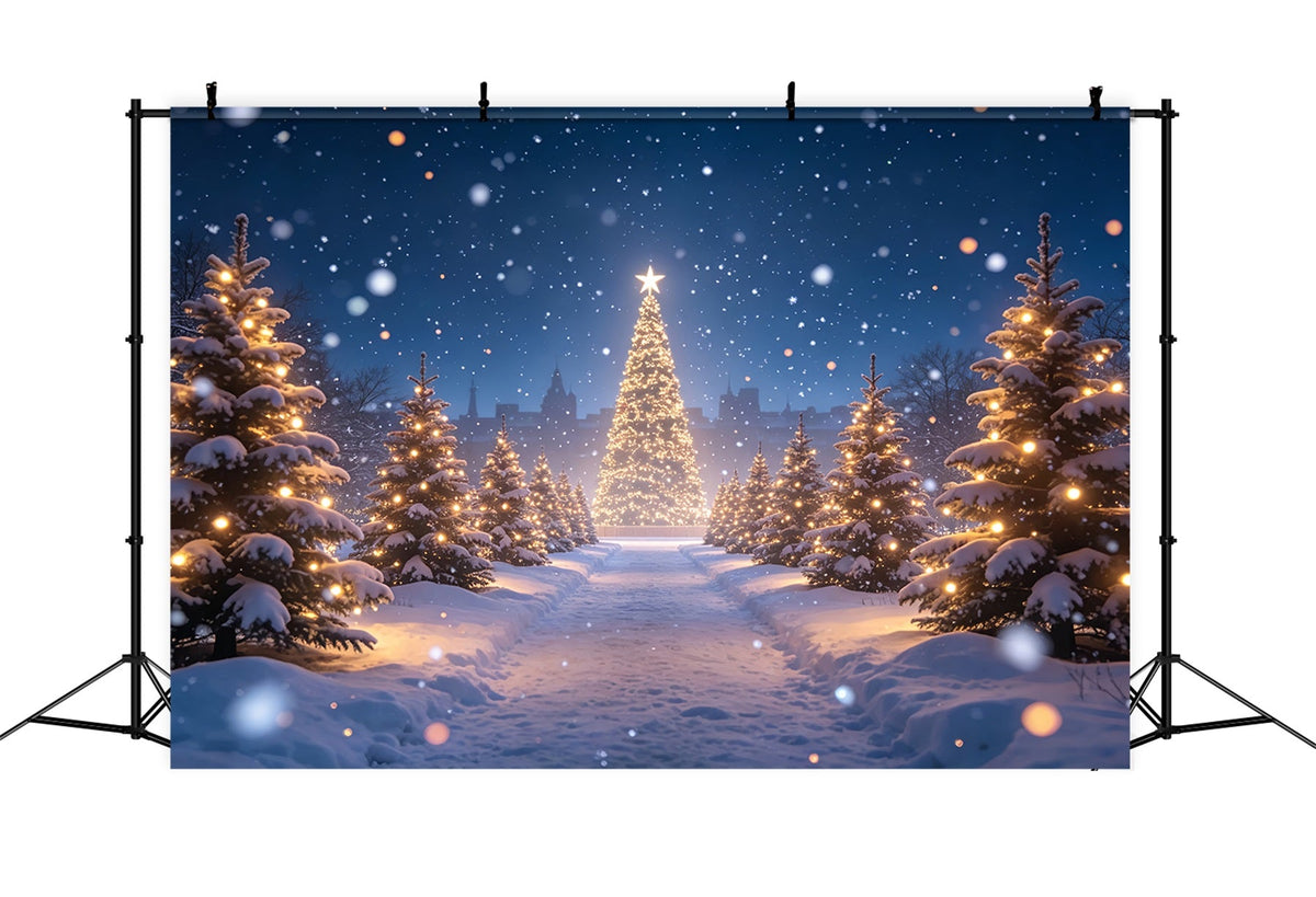 Christmas Tree Backdrop Snowy Forest Light Path Christmas Photo BackdropsUK ZTT69-15