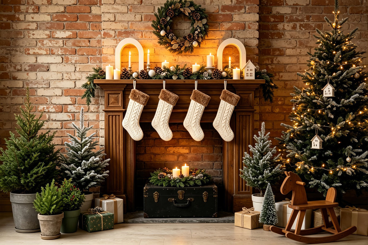 Rustic Christmas Backdrop Brick Fireplace Stockings Decor Indoor Christmas BackdropUK ZTT69-32