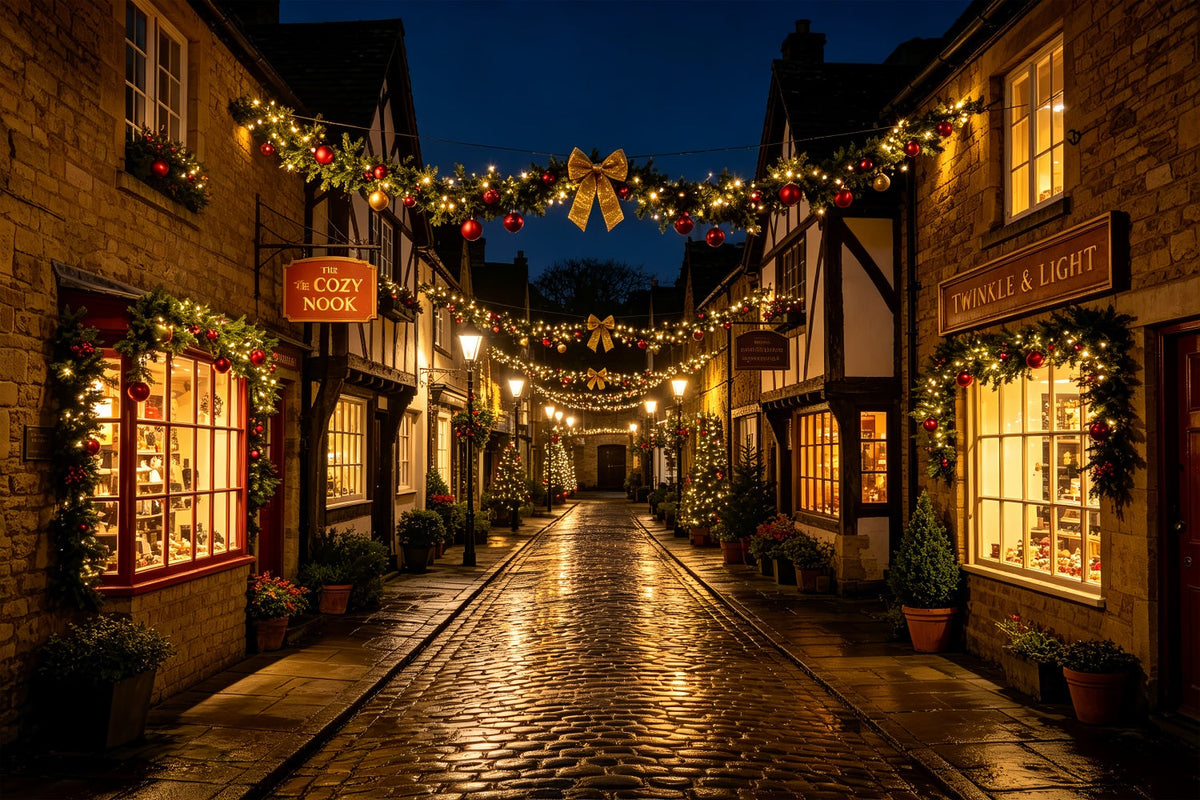 Christmas Street Backdrop Rustic Village Garland Street Photo Christmas BackdropsUK ZTT69-35