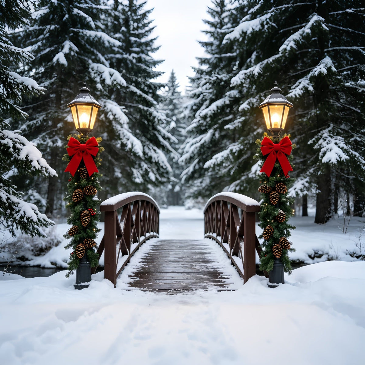 Winter Christmas Backdrop Snowy Bridge Lantern Path Christmas Studio BackdropsUK ZTT69-36