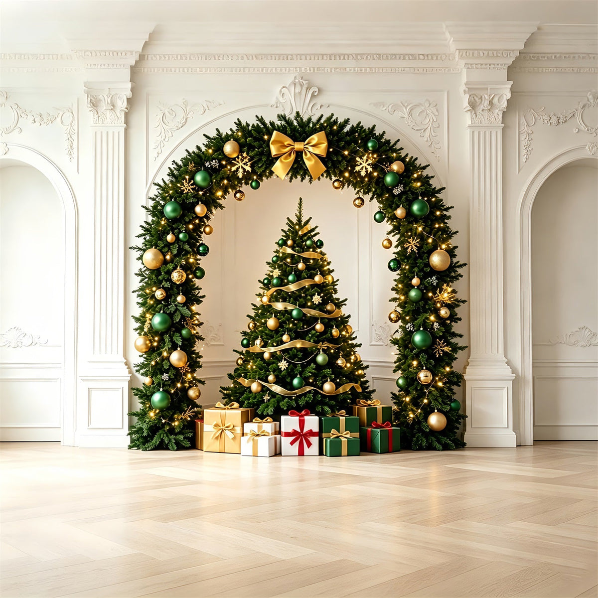 Christmas Ornament Backdrop Elegant Green Gold Arch Studio Christmas BackdropsUK ZTT69-38