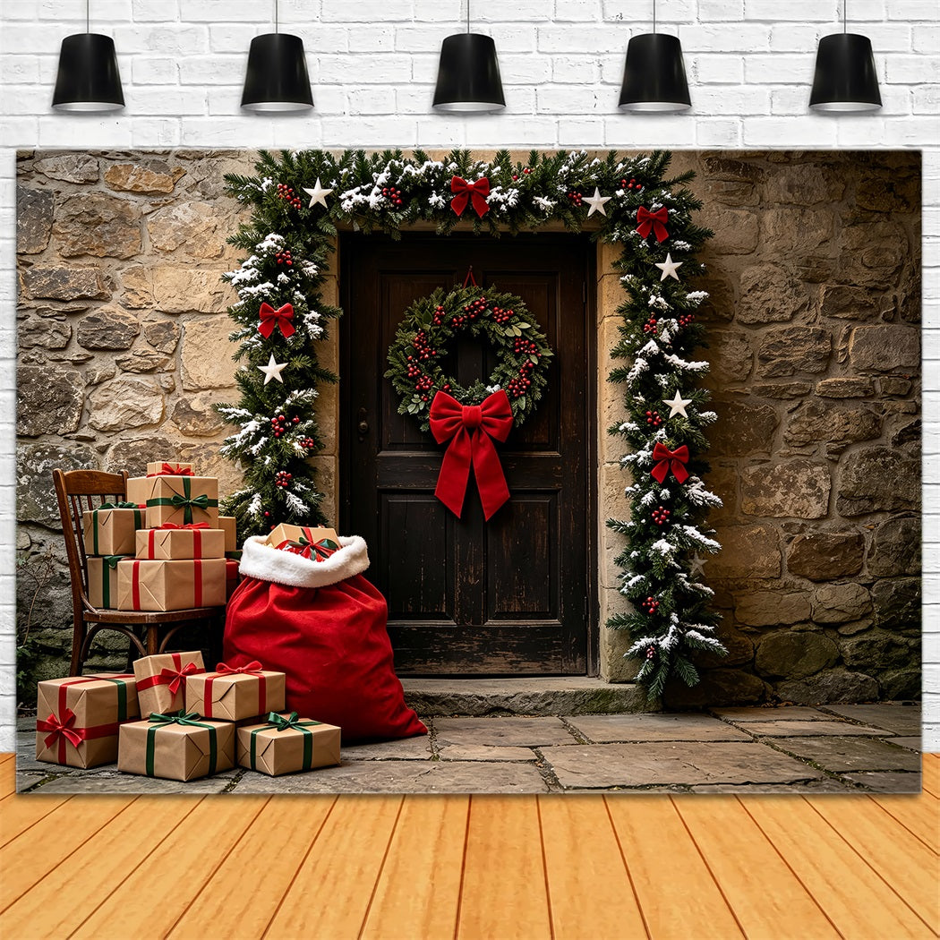 Country Christmas Backdrop Stone Door Garland Entrance Muslin Christmas BackdropUK ZTT69-45