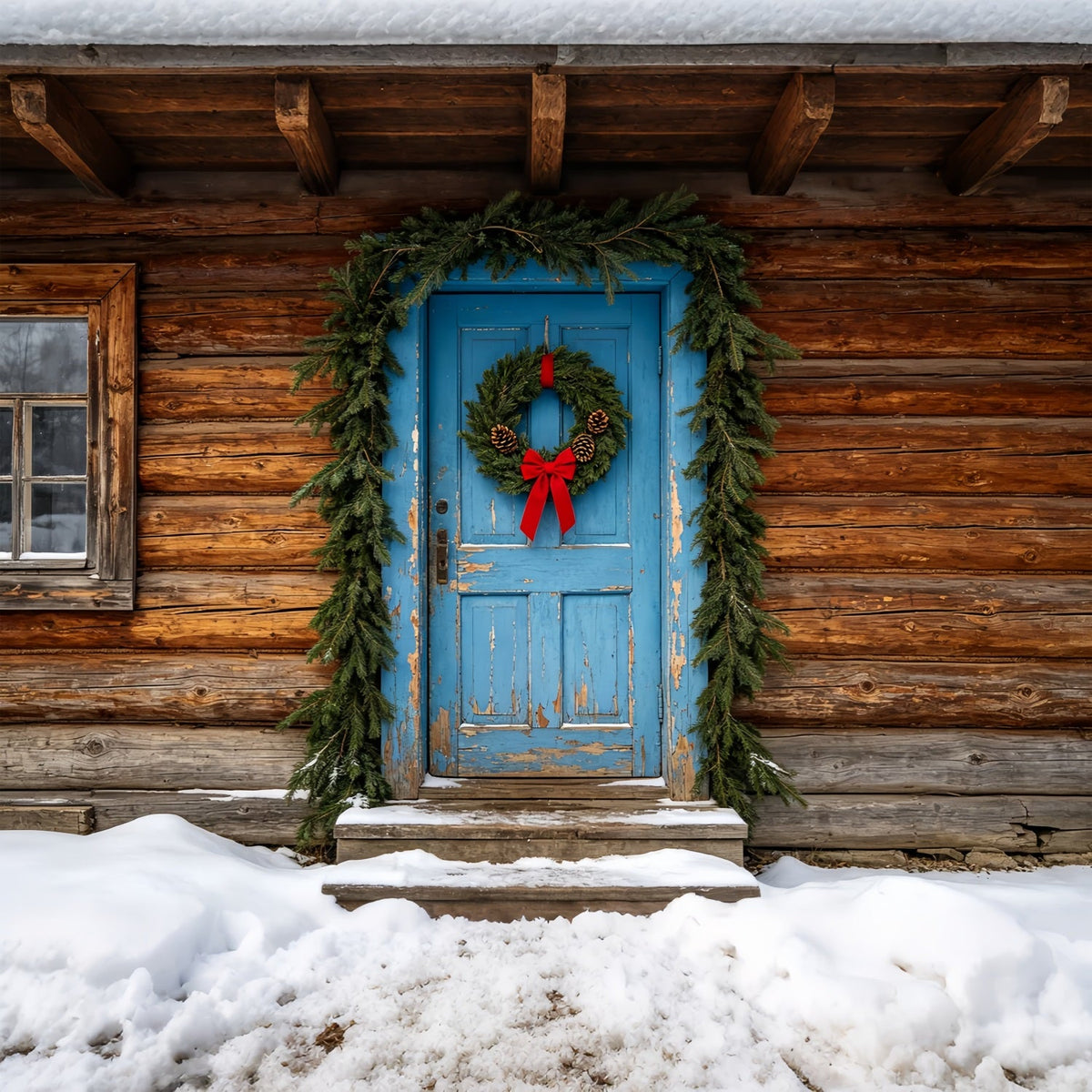 Wooden Christmas Backdrop Rustic Blue Door Cabin Muslin Backdrop ChristmasUK ZTT69-46