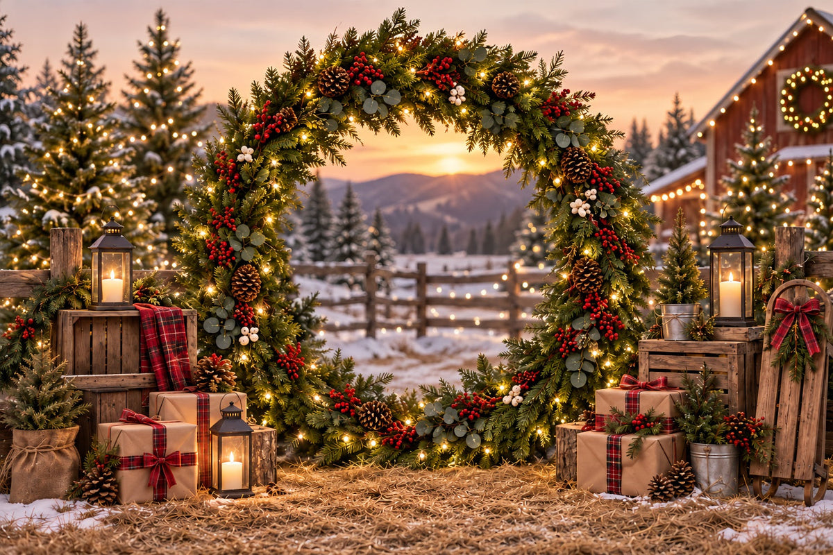 Christmas Tree Farm Photo Backdrop Evergreen Wreath Farm Gateway Christmas Tree Backdrop UK ZTT69-52