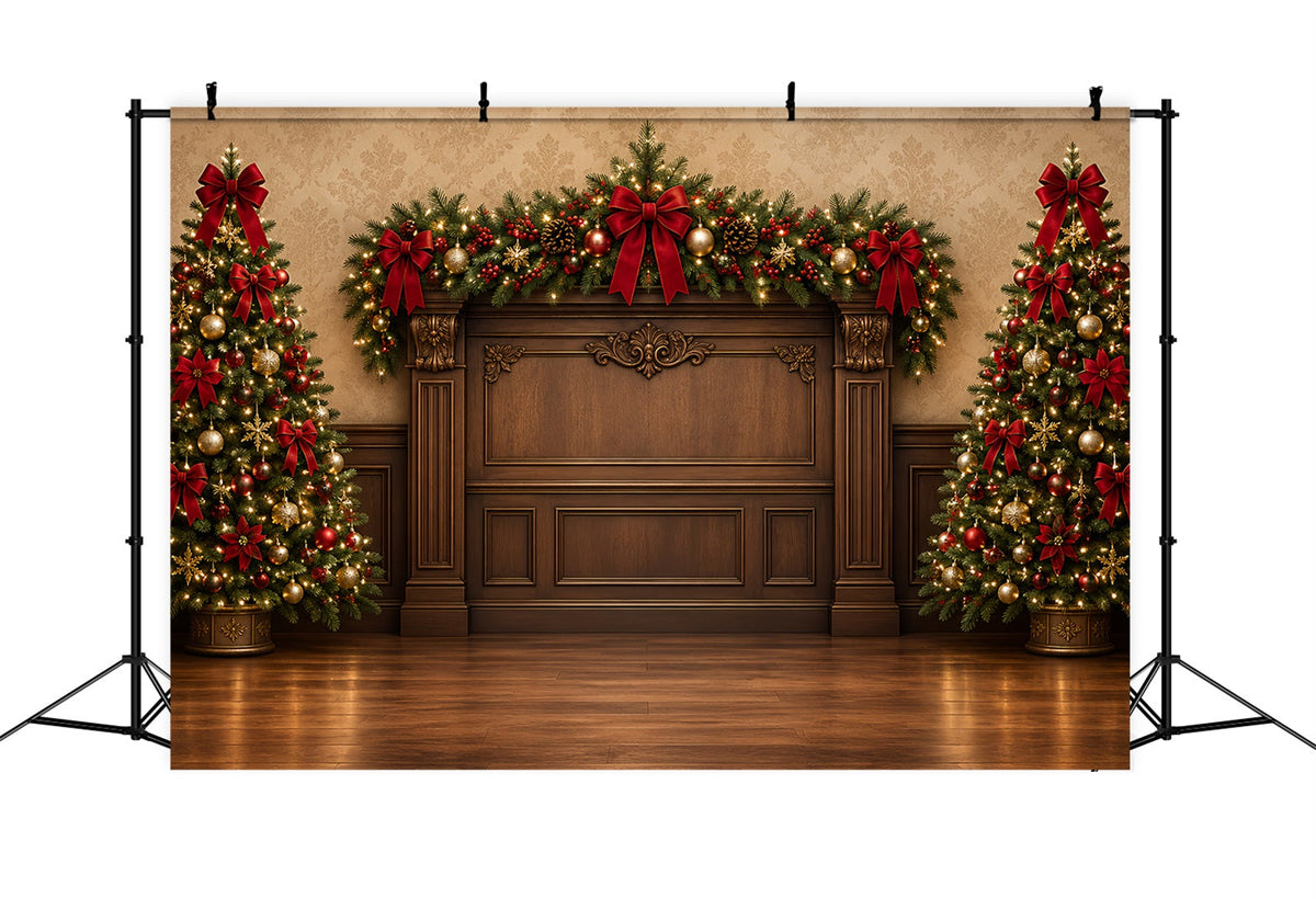 Christmas Backdrops For Photography Red Bow Evergreen Mantel High Resolution Christmas Backdrop UK ZTT69-55