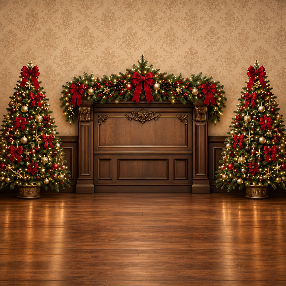 Christmas Backdrops For Photography Red Bow Evergreen Mantel High Resolution Christmas Backdrop UK ZTT69-55