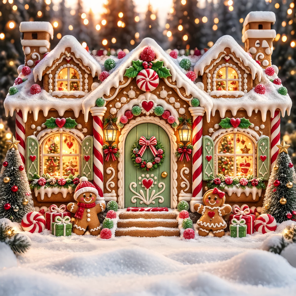 Gingerbread House Backdrop Snowy Cartoon Candy Cottage Gingerbread Backdrop UK ZTT69-56