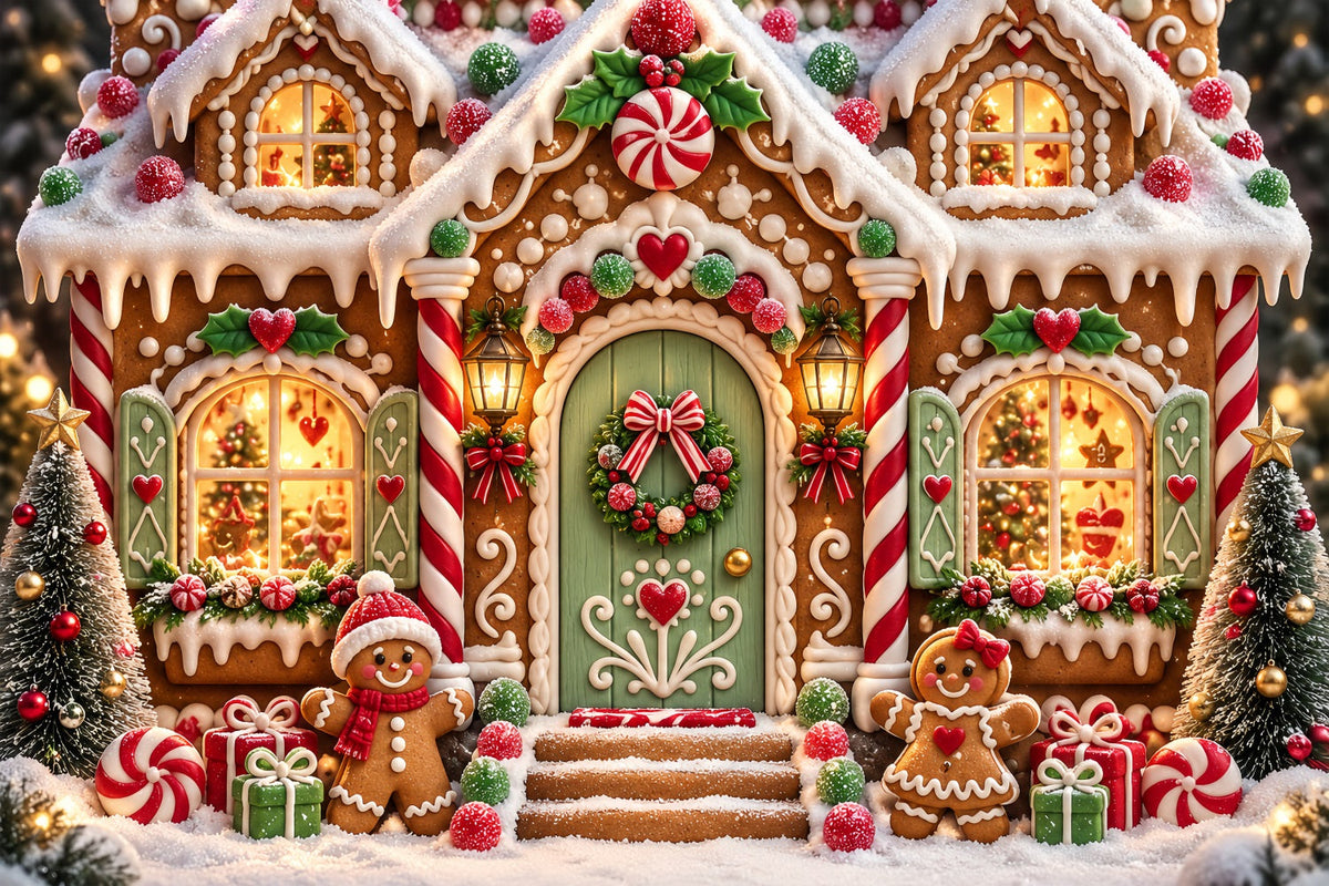 Gingerbread House Backdrop Snowy Cartoon Candy Cottage Gingerbread Backdrop UK ZTT69-56