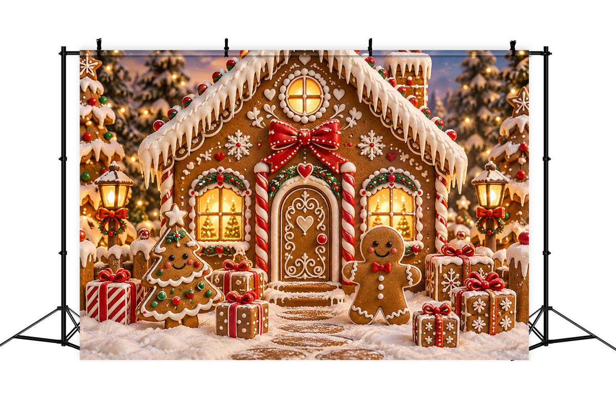 Gingerbread House Backdrop Candy Cottage Snowy Trees Candy Cane Backdrop UK ZTT69-57