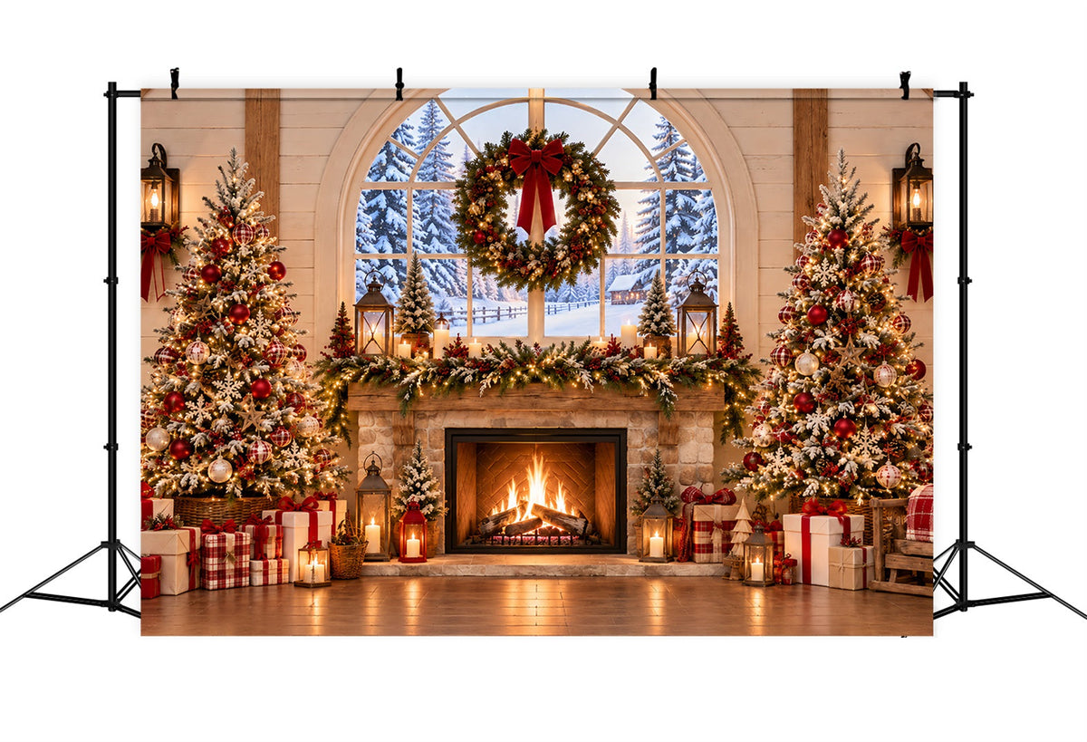 Christmas Backdrops 10x10 Rustic Fireplace Wreath Interior Santa Workshop Backdrop UK ZTT69-60