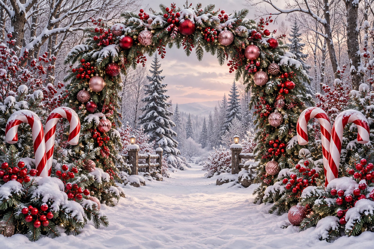 Backdrop Christmas Snowy Forest Candy Cane Arch Xmas Backdrop UK ZTT69-63