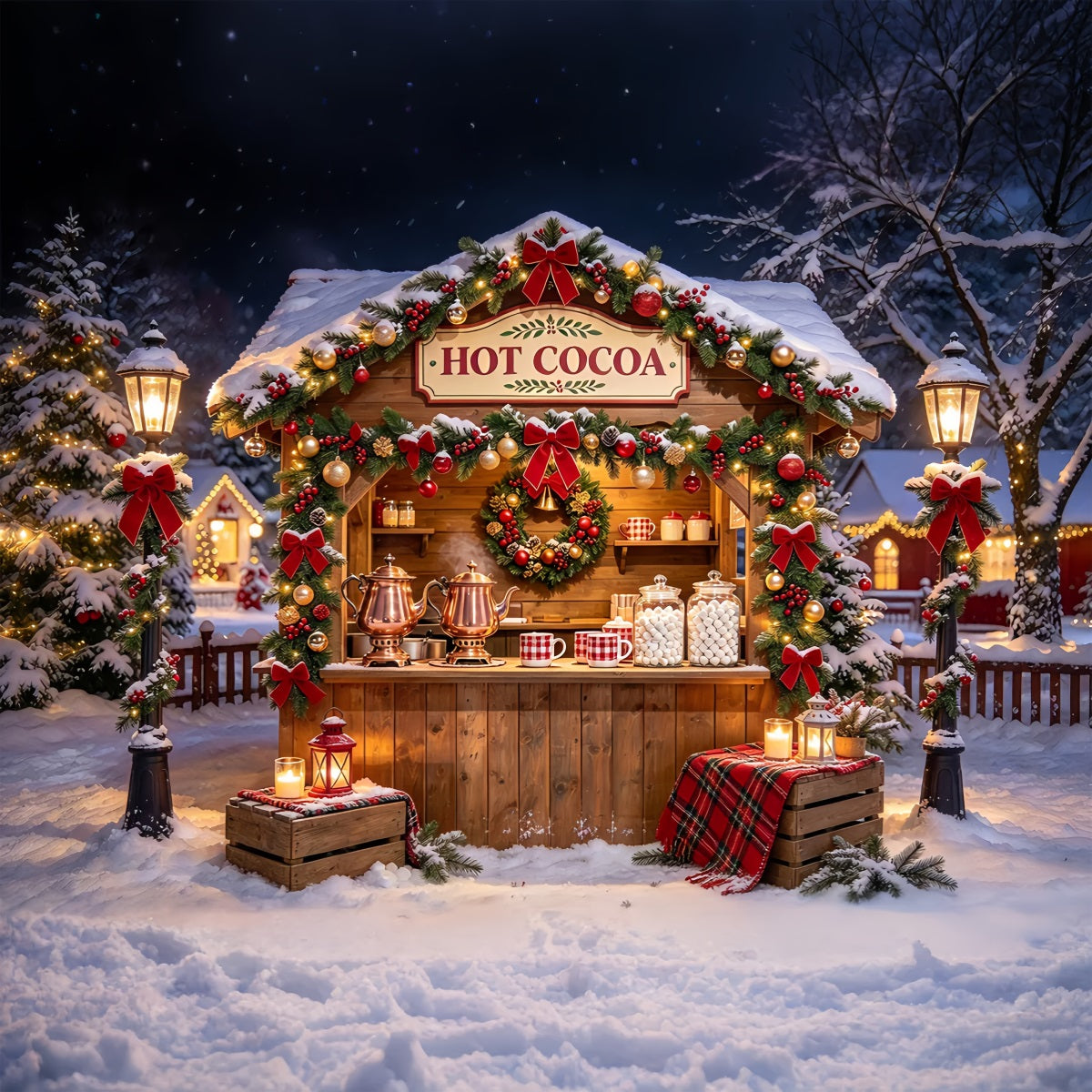 Christmas Backdrop Photography Snowy Hot Cocoa Stand White Christmas Backdrop UK ZTT69-66