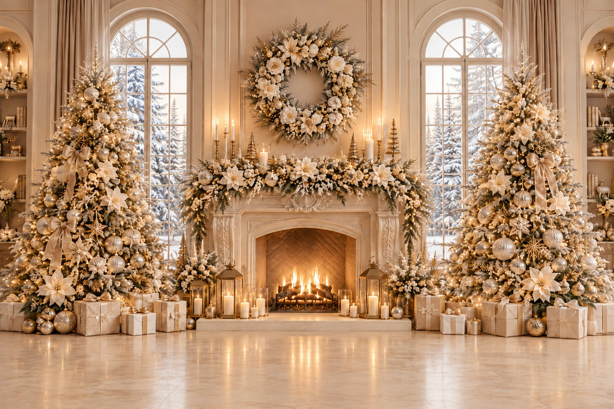Christmas Picture Backdrop Ivory Floral Fireplace Display Elegant Christmas Backdrop UK ZTT69-68