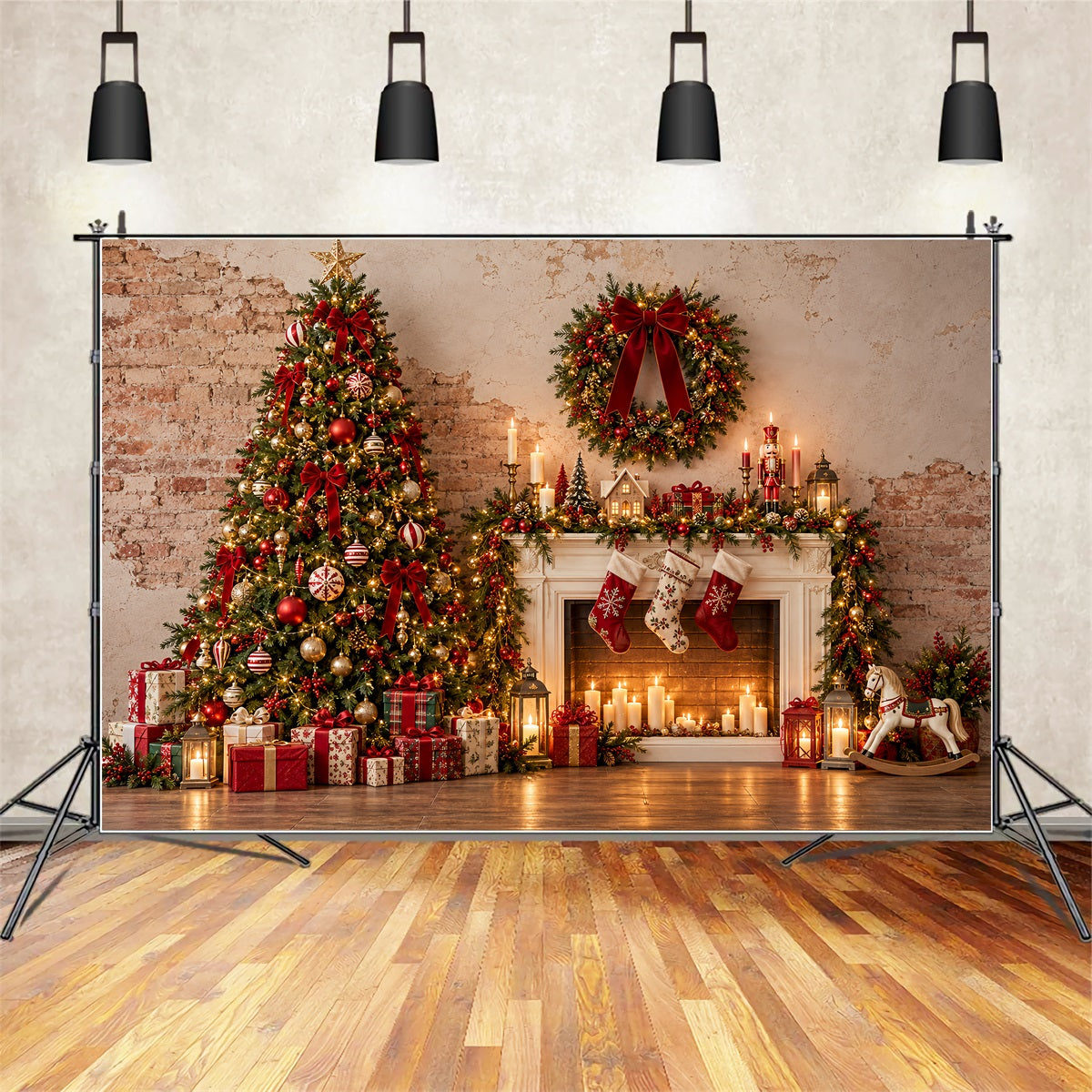 Christmas Photo Booth Backdrop Rustic Fireplace Gift Display Elegant Christmas Backdrop UK ZTT69-69