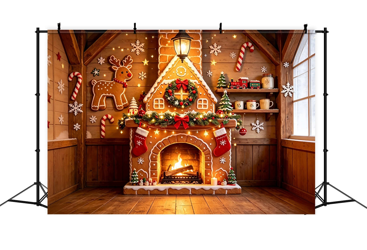 Gingerbread Christmas Backdrop Wooden Cabin Fireplace Cottage Wall Backdrop ChristmasUK ZTT69-7
