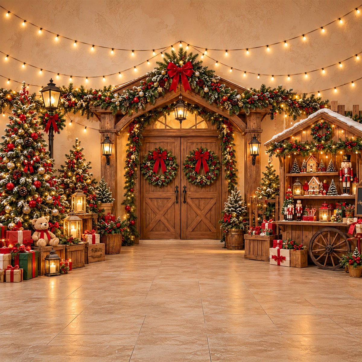 Christmas Photo Booth Backdrop Festive Wooden Market Entrance Christmas Party Backdrop UK ZTT69-70