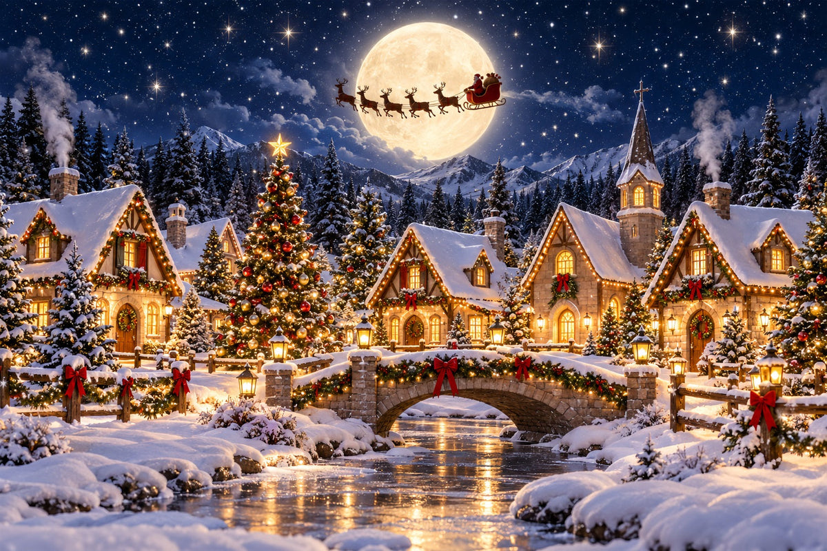 Santa Photo Backdrops Moonlit Santa Village Flight Santa Backdrops UK ZTT69-74