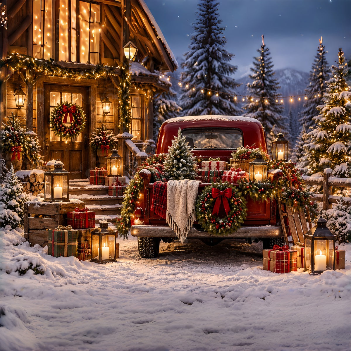 Vintage Christmas Backdrop Rustic Pickup Gift Display Red Christmas Backdrop UK ZTT69-78