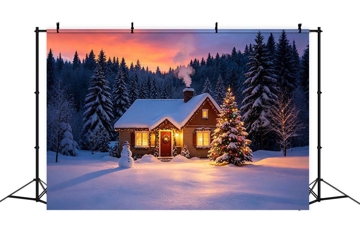 Snowy Christmas Backdrop Winter Cabin Sunset Glow Muslin Backdrop ChristmasUK ZTT69-9