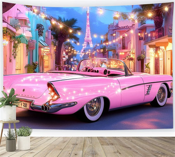 Summer Backdrop Pink Car Eiffel Lights Backdrop UK ZXY3-20