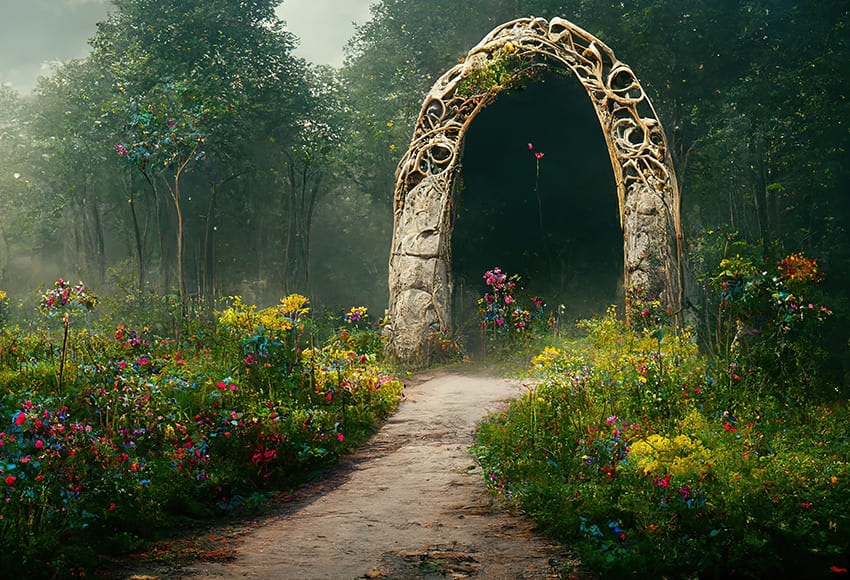 Mysterious Forest Flower Arch Entrance Backdrop 