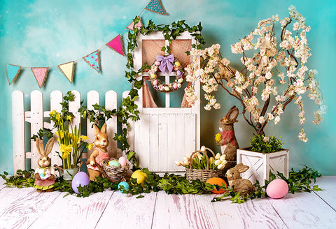 Easter Bunny Eggs Colorful Flowers Backdrop UK D1053