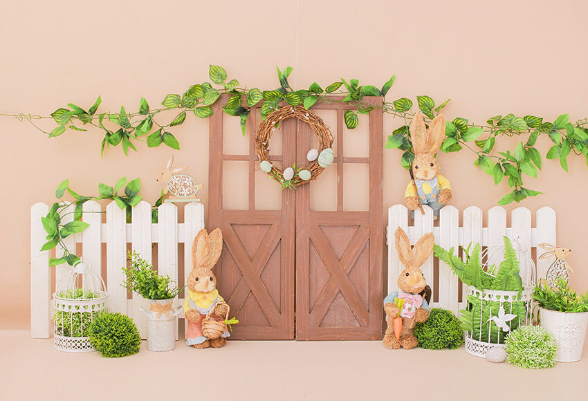 Easter Barn Door Bunny Flowers Photo Backdrop UK D1054