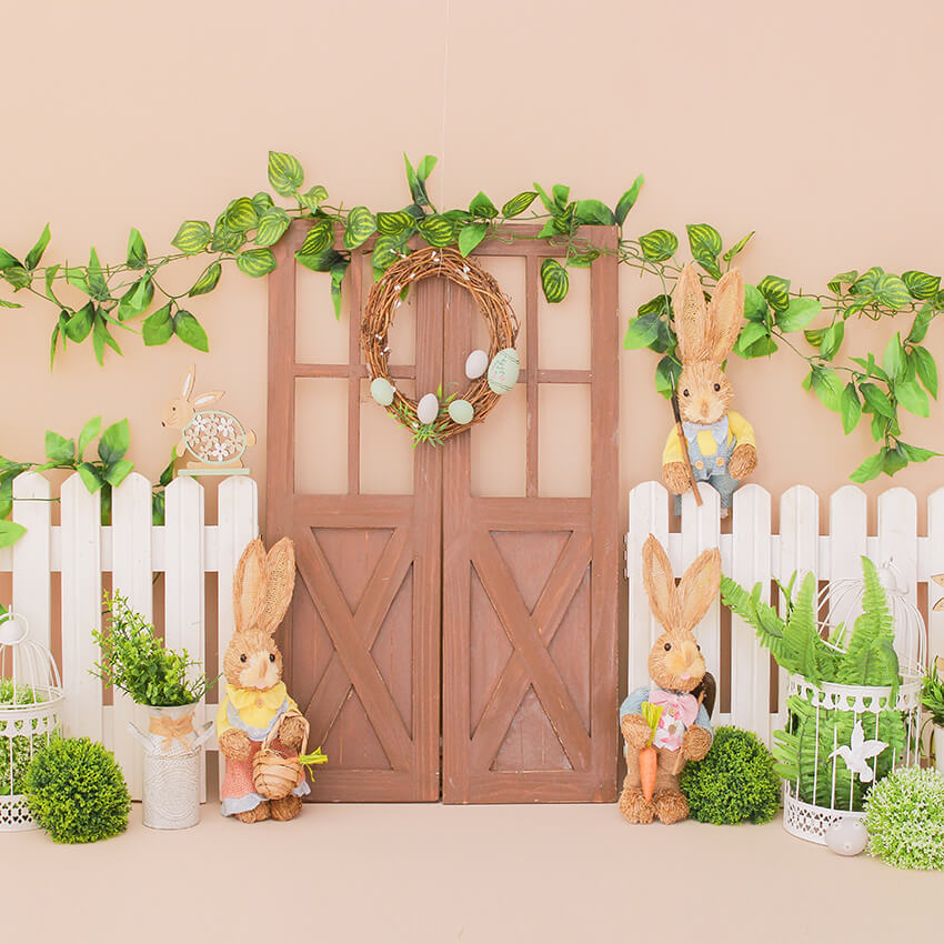 Easter Barn Door Bunny Flowers Photo Backdrop UK D1054