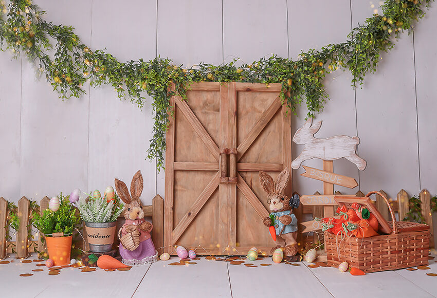 Barn Door Bunny Flowers Easter Backdrop UK D1058