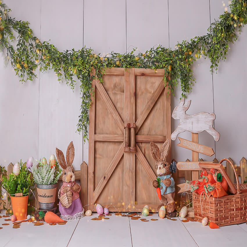 Barn Door Bunny Flowers Easter Backdrop UK D1058