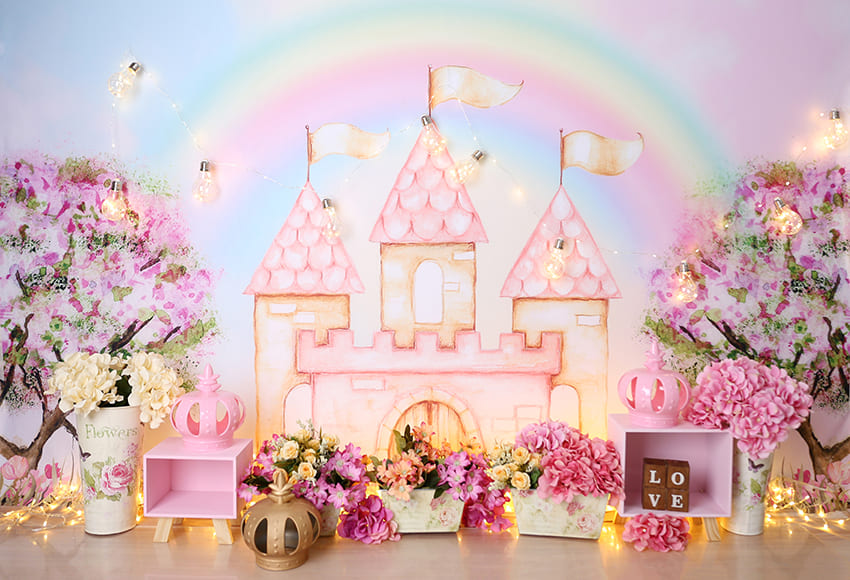 Rainbow Castle Flowers Spring Photo Backdrop UK D1066