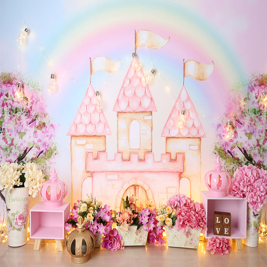 Rainbow Castle Flowers Spring Photo Backdrop UK D1066