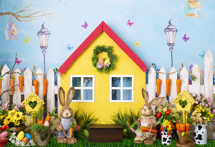 Cartoon Barn House Bunny Flowers Backdrop UK D1067