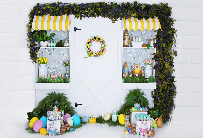 Easter Shop Eggs Leaves Photography Backdrop UK D1068