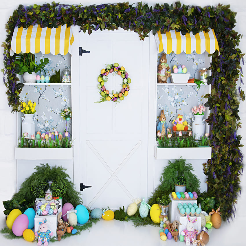 Easter Shop Eggs Leaves Photography Backdrop UK D1068