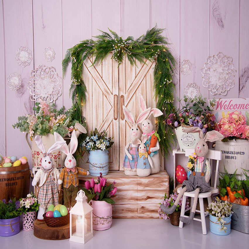 Bunny Family Barn Door Easter Backdrop UK D1069