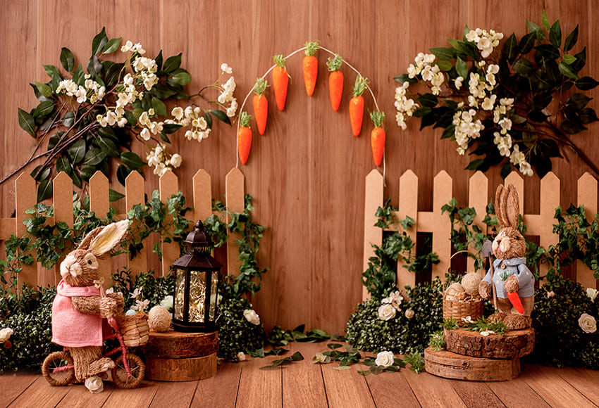 Vintage Wood Bunny Flowers Easter Backdrop UK D1074