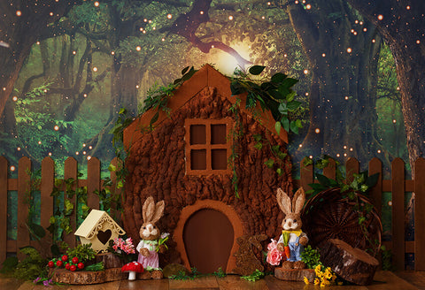 Forest Bunny Tree House Easter Backdrop UK D1077