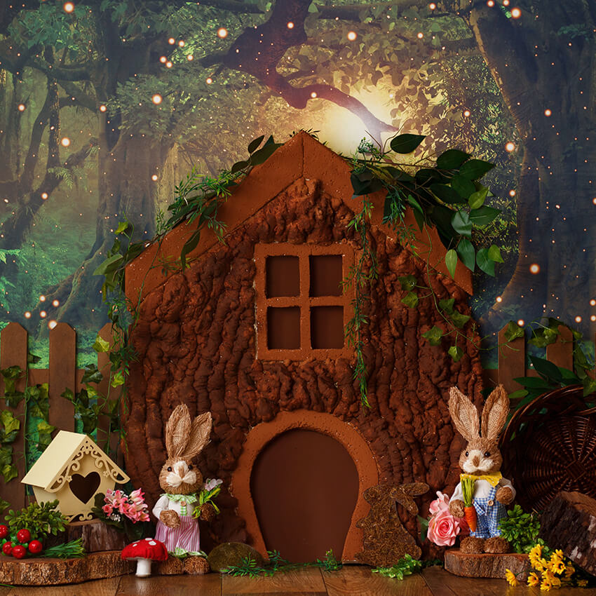 Forest Bunny Tree House Easter Backdrop UK D1077