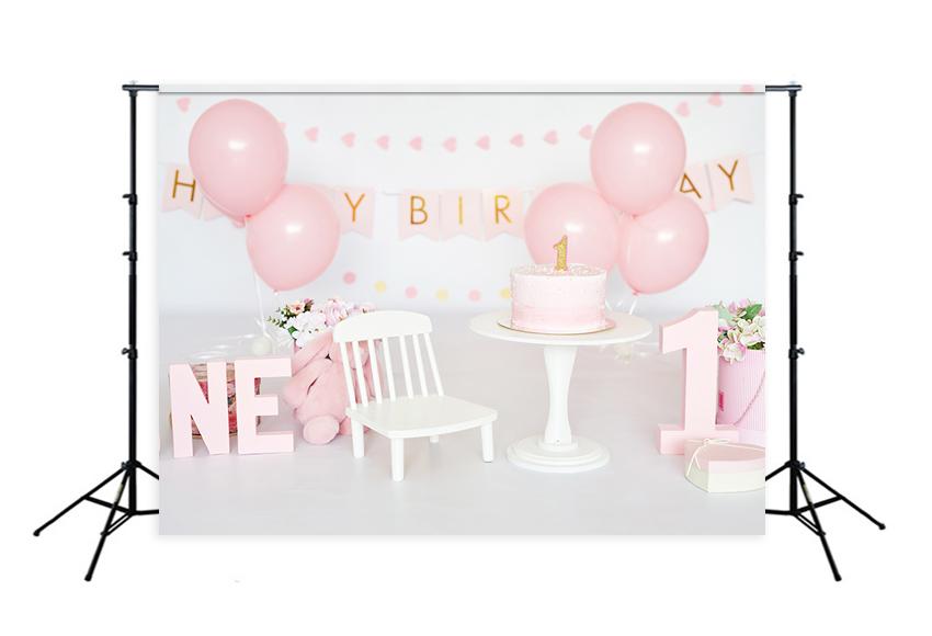 1st Birthday Girl Balloons Cake Pink Photo Backdrop UK D282