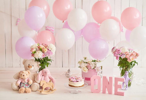 1st Birthday Decorations Balloons Cake Pink Photography Backdrop UK D283