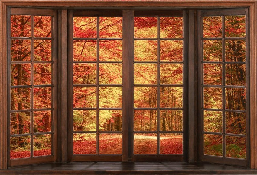 Fall Red Leaves Outside The Window Photography Backdrop 