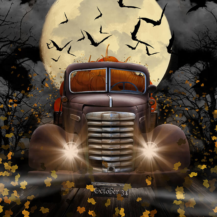 Halloween Drving Car Pumpkin Backdrop for Photography