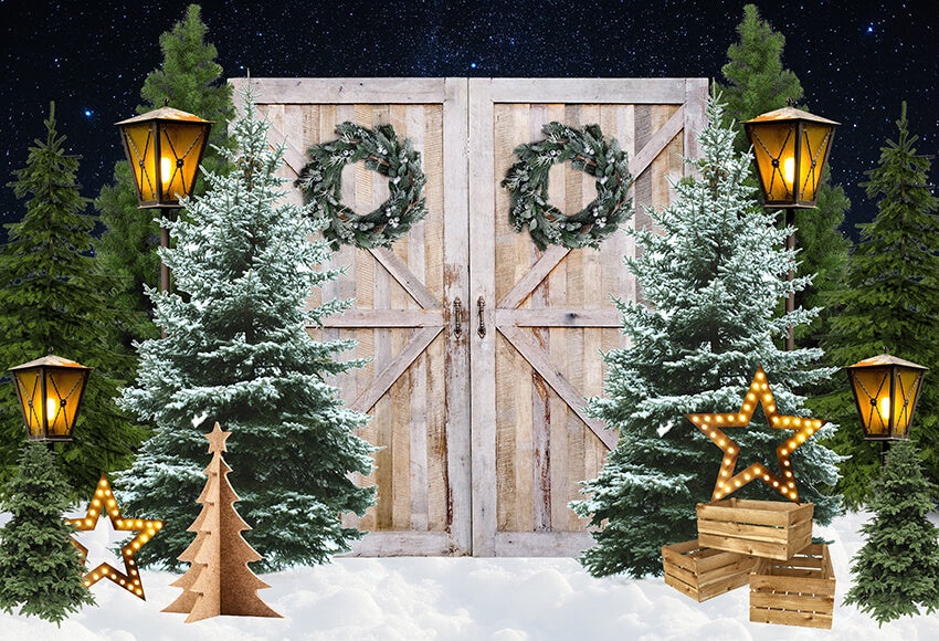 Xmas Tree Wood Door Lights Backdrop