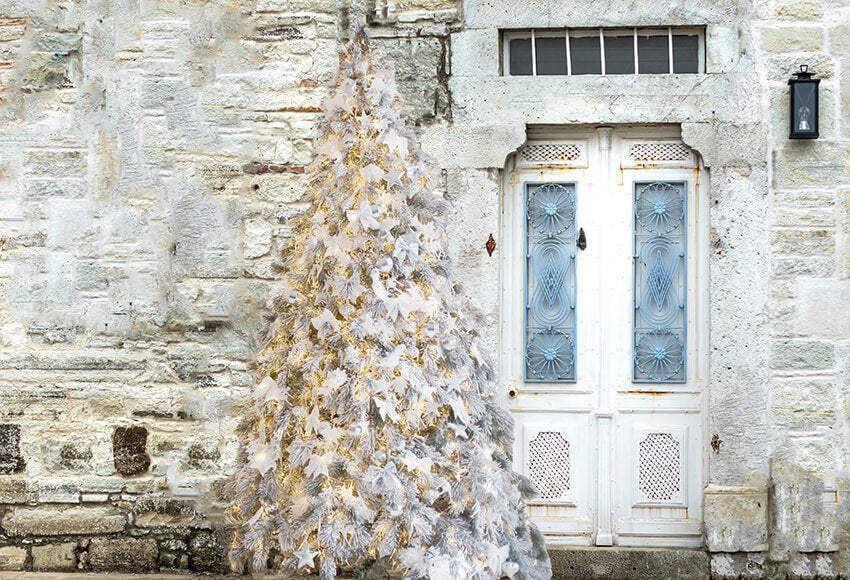 Stone House Door Christmas Tree Backdrop