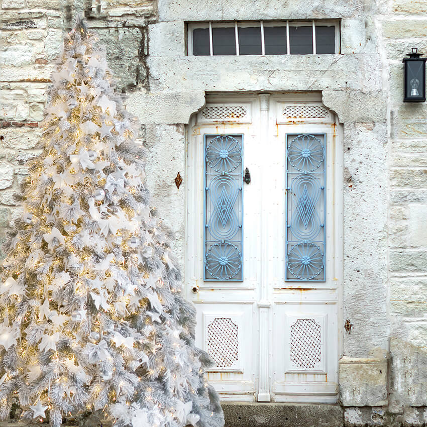 Stone House Door Christmas Tree Backdrop UK D931