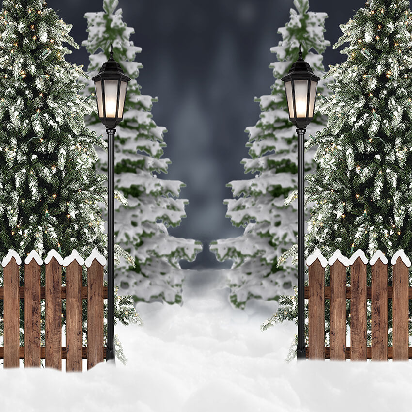 Snowy Christmas Tree Lights Railing Backdrop