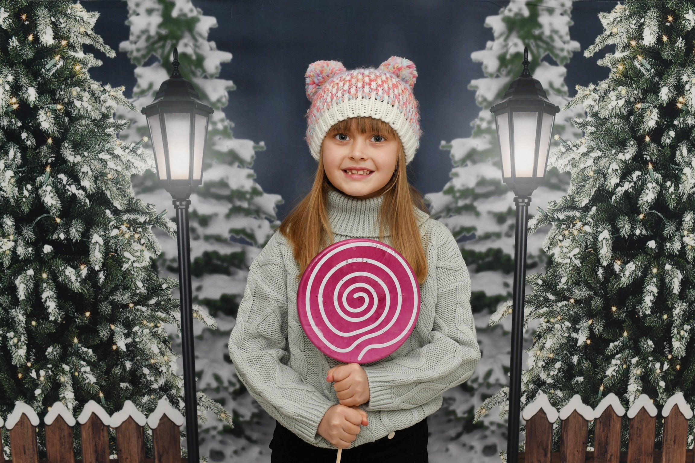 Snowy Christmas Tree Lights Railing Backdrop