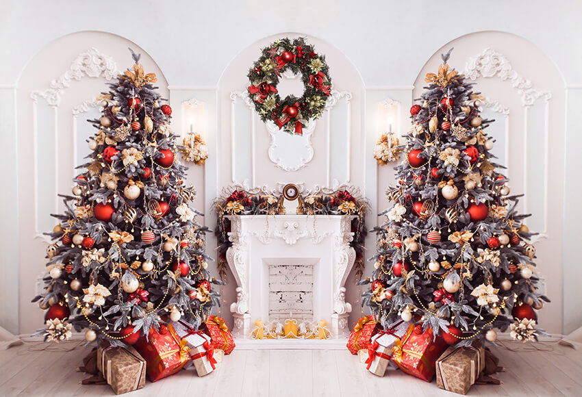 Cozy Fireplace Xmas Tree Gifts House Backdrop